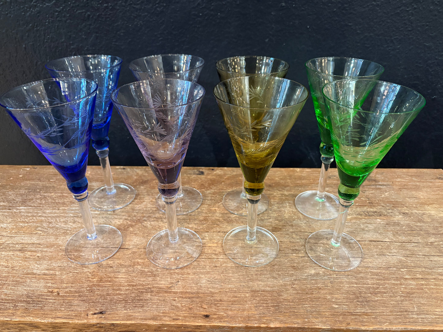Vintage Stemmed Etched Cocktail Glasses | Sold In Pairs