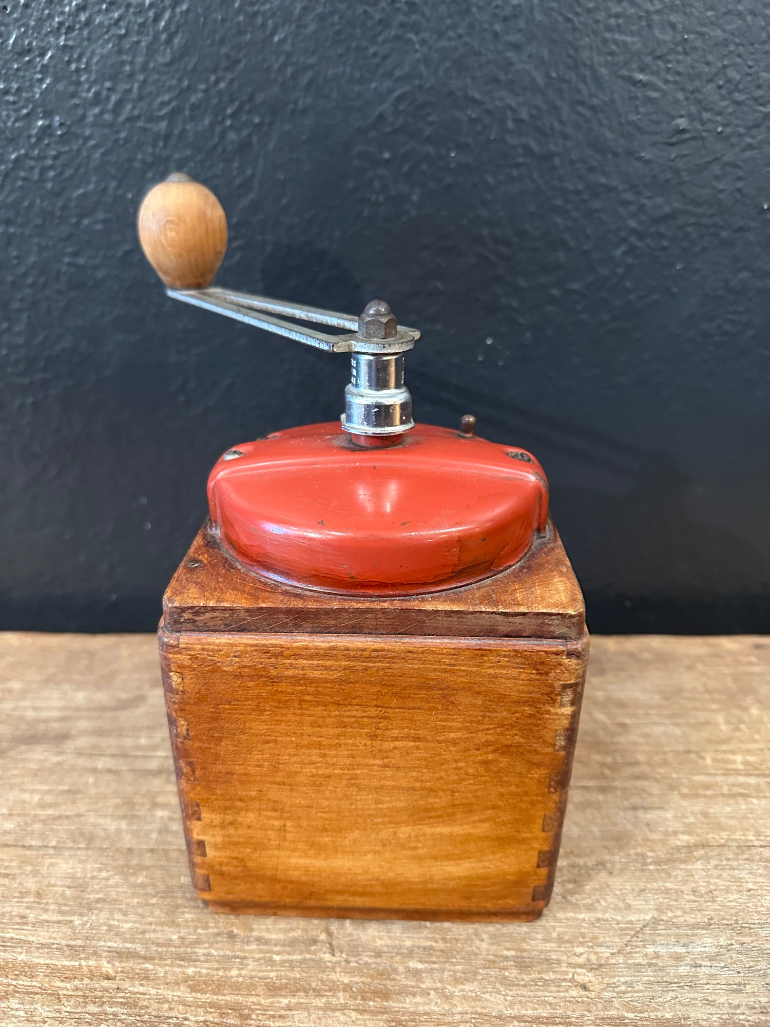Wooden Coffee Grinder with Red Metal Top