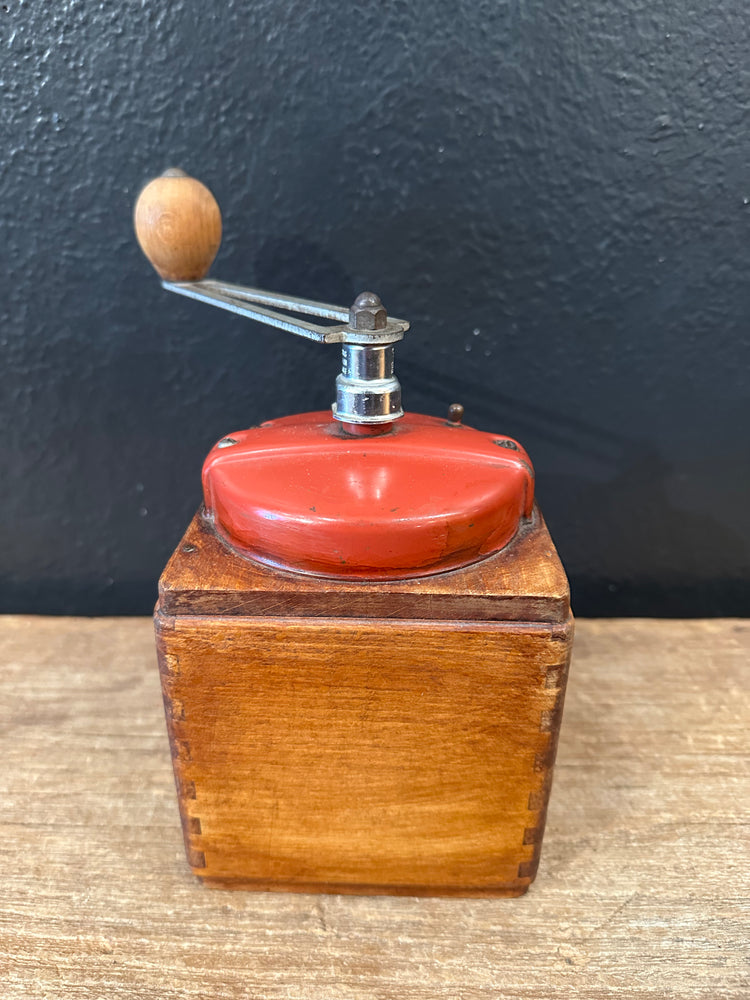 Wooden Coffee Grinder with Red Metal Top