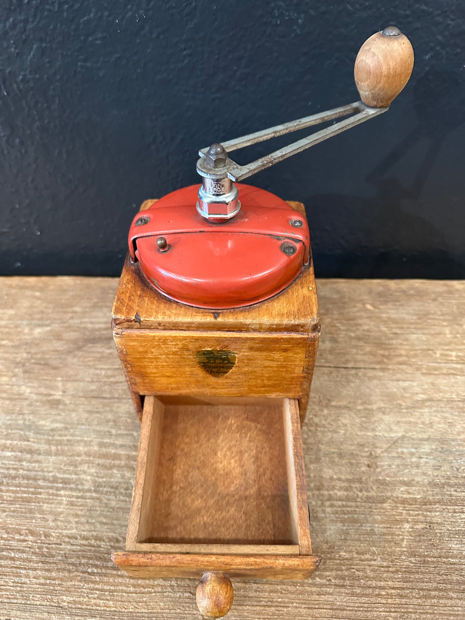 Wooden Coffee Grinder with Red Metal Top