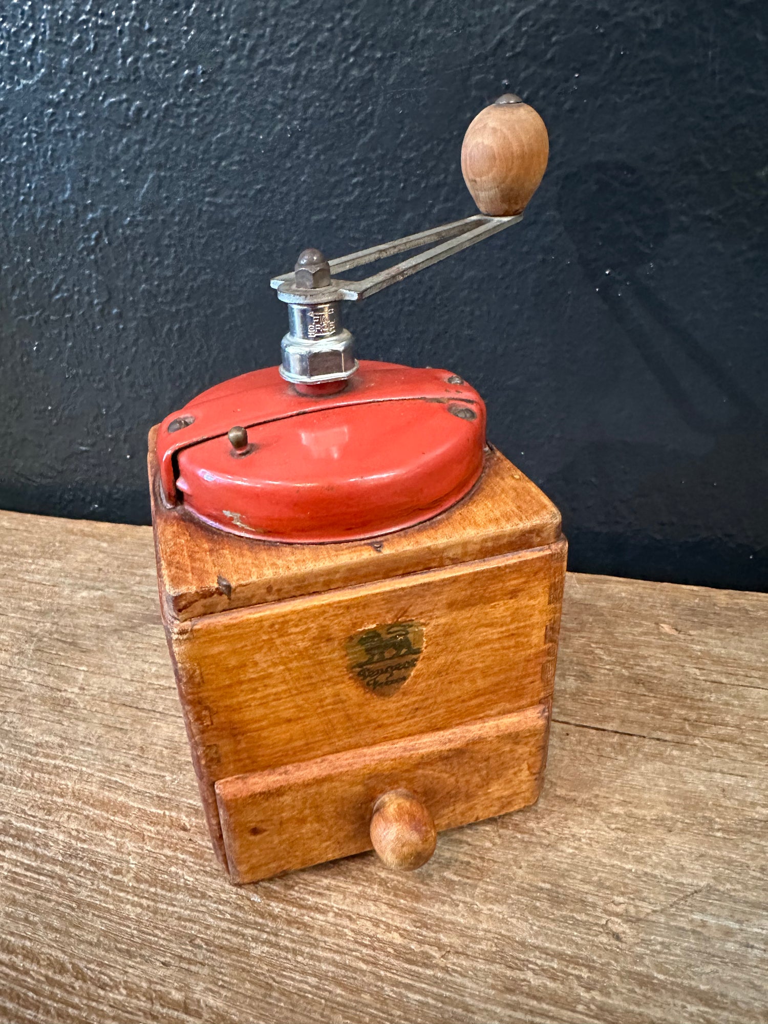 Wooden Coffee Grinder with Red Metal Top