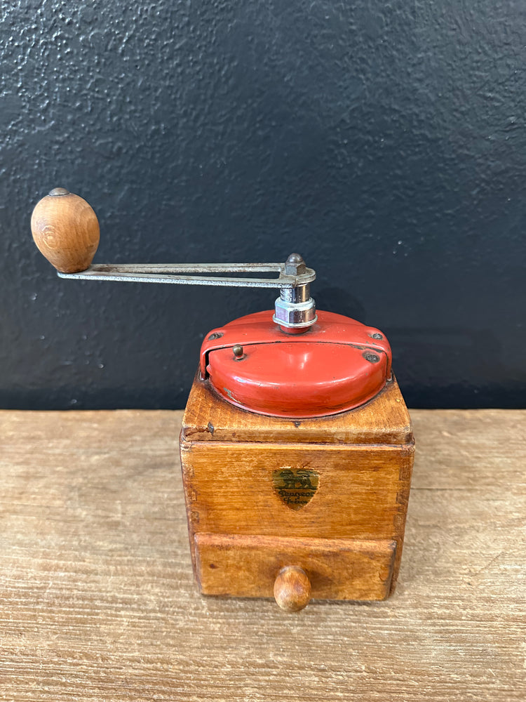 Wooden Coffee Grinder with Red Metal Top