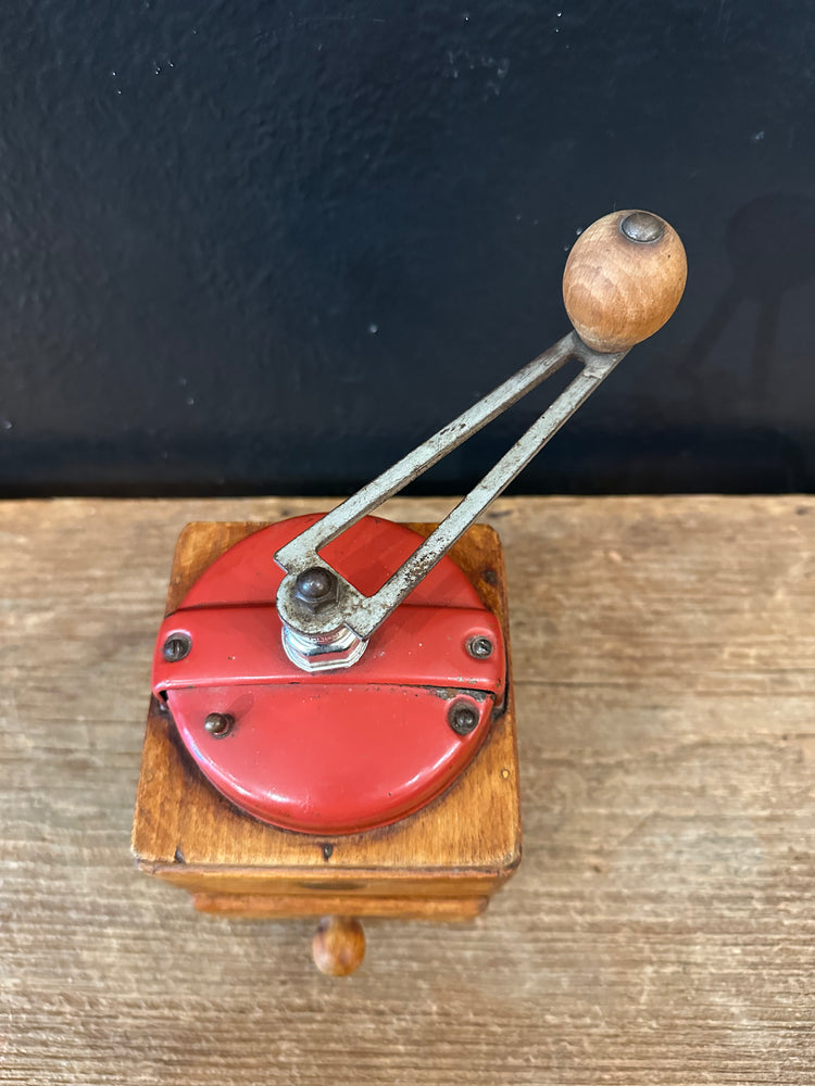 Wooden Coffee Grinder with Red Metal Top