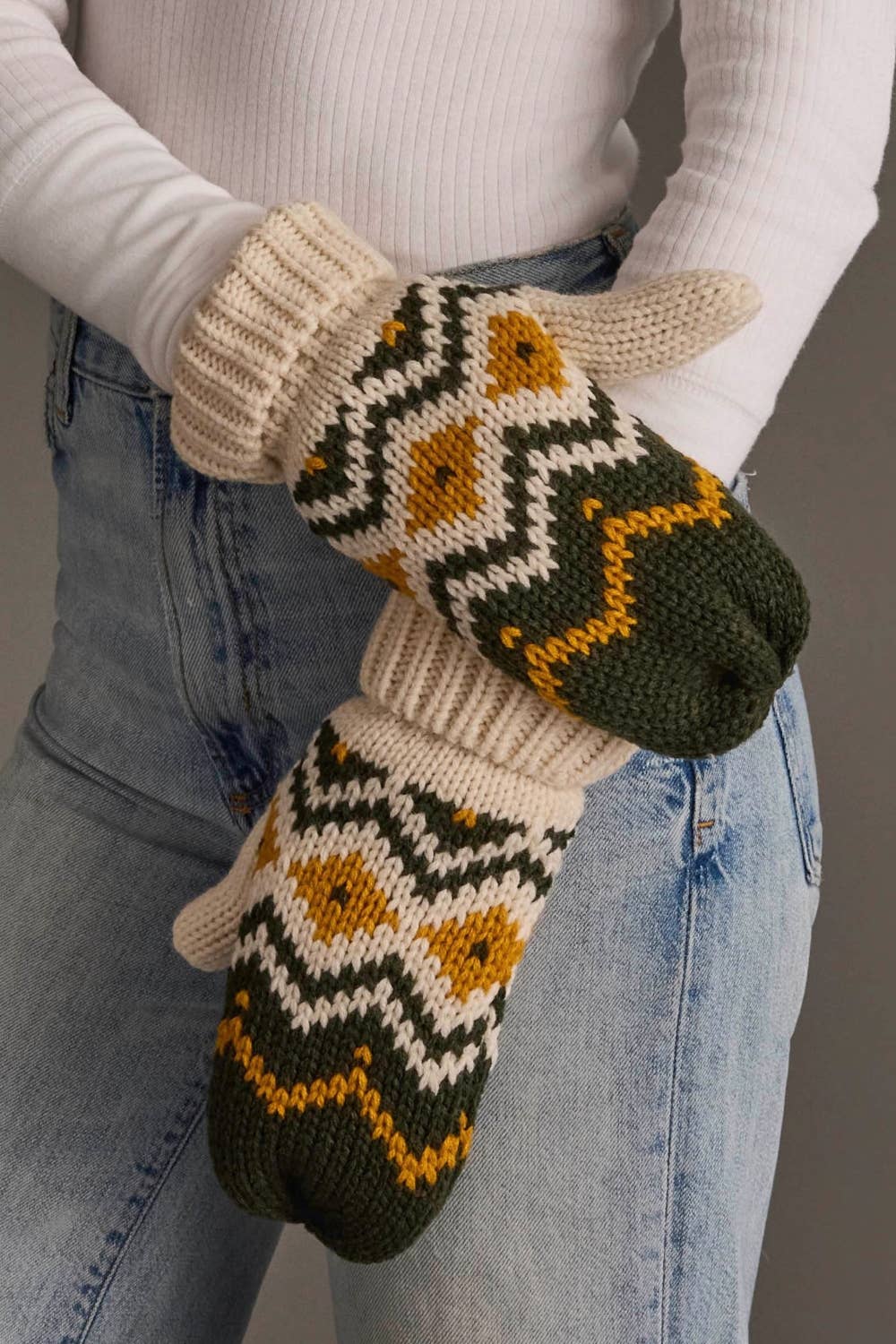 Cream, Olive & Mustard Patterned Mittens