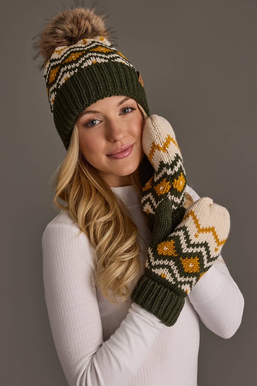 Olive, Cream & Mustard Patterned Pom Hat