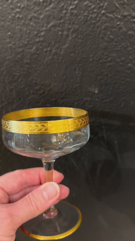 Vintage 24K Gold Rimmed Champagne Coupe Glasses | Pair
