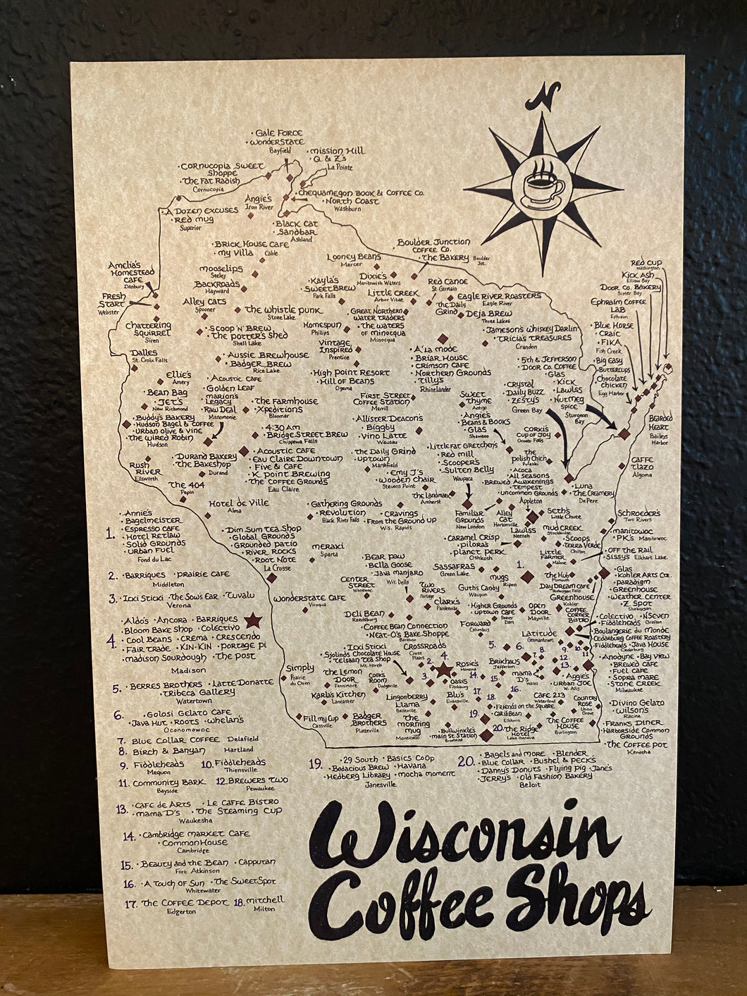 Handcrafted Wisconsin Coffee Shops Map